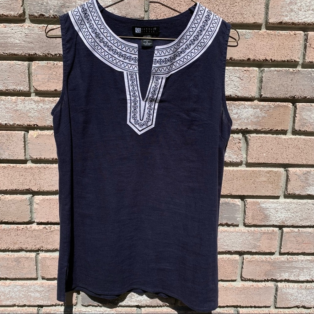 CAROLE LITTLE Navy Linen Sleeveless Geometric Embroidered Top